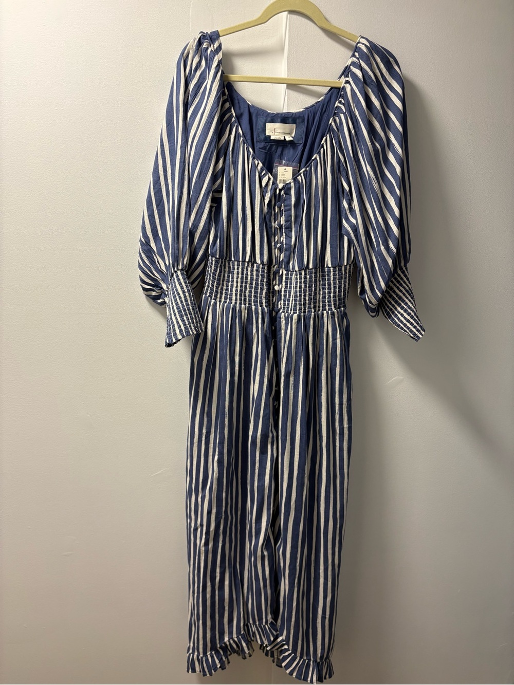 Anthropologie 1X Striped Long-Sleeve Sweetheart Button Front Peasant Dress NWT - Picture 2 of 12